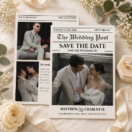 新聞風結婚式日程お知らせベージュカード セーブザデート