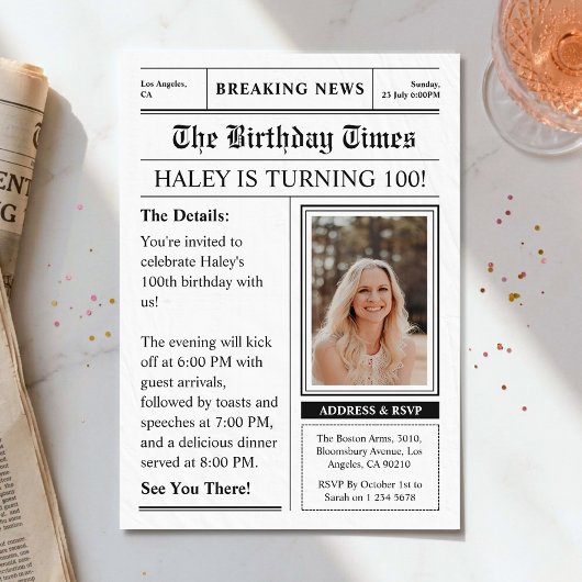 新聞風100歳の誕生日お祝い雑誌表紙フォト 招待状