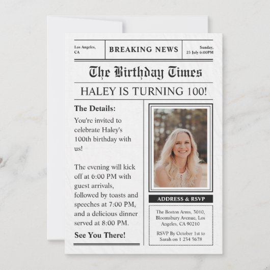 新聞100誕生日おもしろい雑誌カバー写真 招待状 (正面)