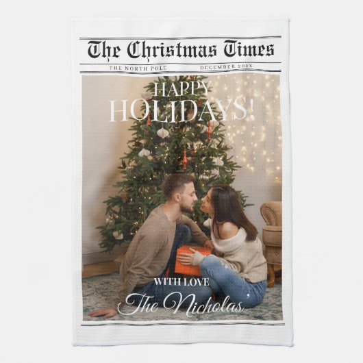 新聞 何年 ブラック ホワイト 写真 クリスマス キッチンタオル (縦)