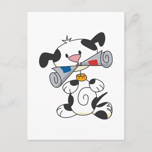 新聞Tシャツとギフトを着たワンちゃん ポストカード (正面)