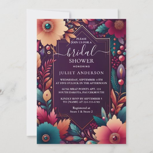 新規ソフトティール（緑がかった色）秋はっきりしたジュエルトーンブライダルシャワー 招待状 (正面)