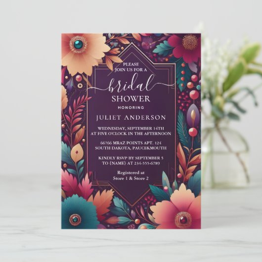 新規ソフトティール（緑がかった色）秋はっきりしたジュエルトーンブライダルシャワー 招待状 (スタンド正面)