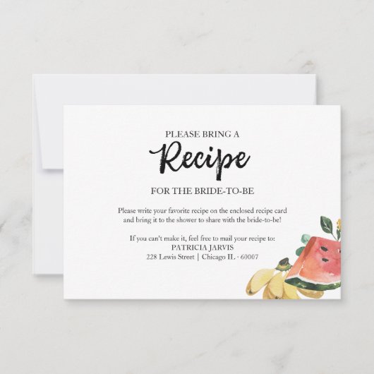新規市場からのブライダルシャワーレシピ要求 招待状 (正面)