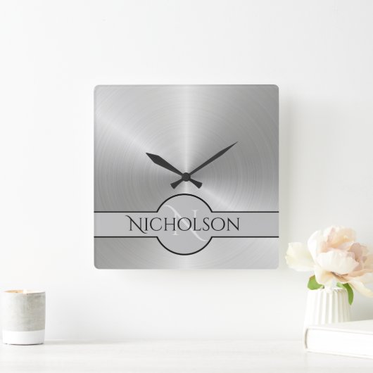 新造単線名前をカスタムするメタリック組織 スクエア壁時計 (ホーム)