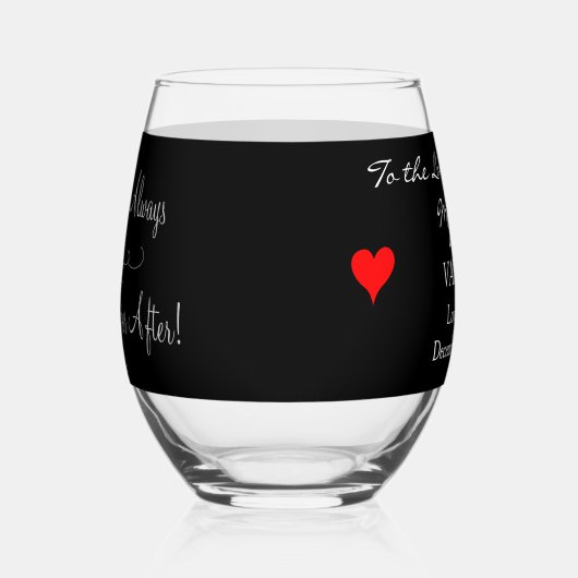 新郎から新婦モノグラムブラック赤いハート ステムなしワイングラス (右)