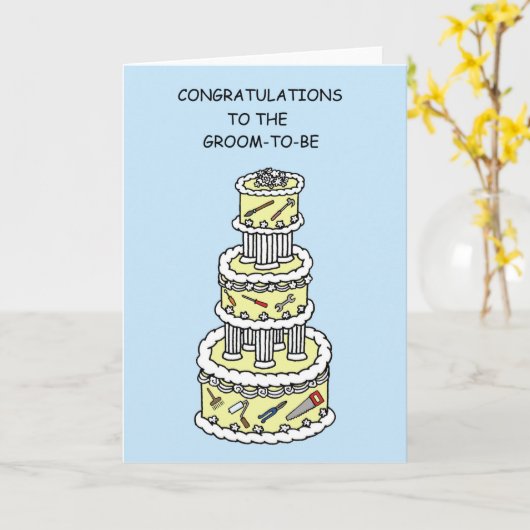 . .新郎がケーキとツールに変わることをおめでとう カード (黄色い花)