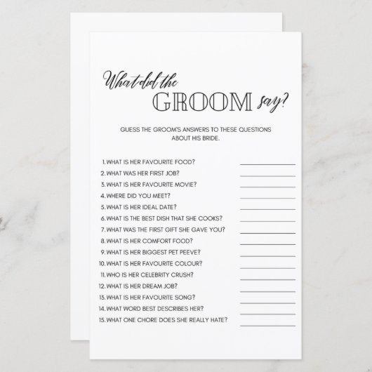 新郎が何と言ったミニマルブライダルシャワーゲーム (正面/裏面)