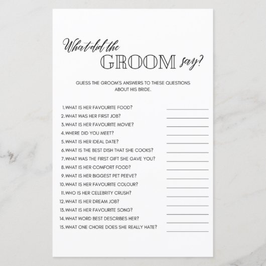 新郎が何と言ったミニマルブライダルシャワーゲーム (正面)