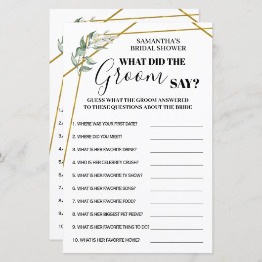 新郎が言った二カ国語ブライダルシャワーゲーム (正面/裏面)