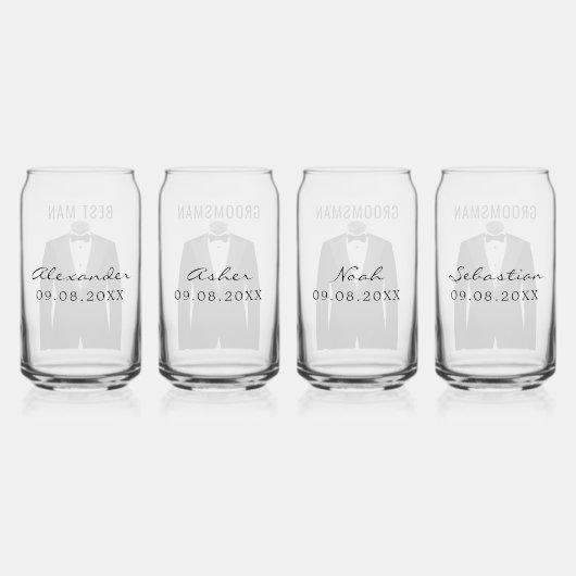 新郎のチーム名ブラックタキシード結婚のデート ガラス缶 (裏面)