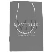 新郎の仲間へのギフト メンズ モノグラムイニシャル グレー ミディアムペーパーバッグ (正面)