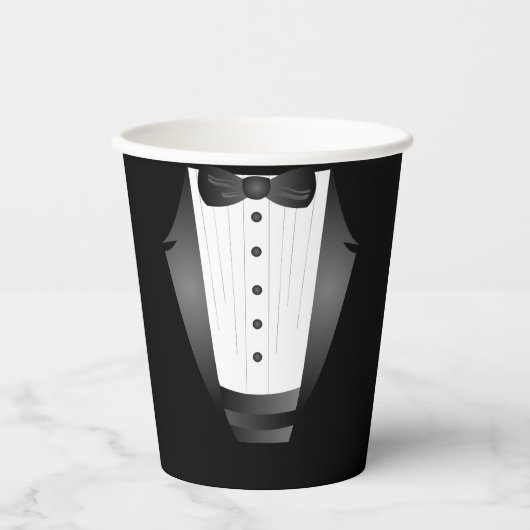 新郎の友人チームの黒のタキシード 紙コップ (正面)
