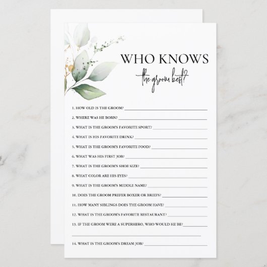 新郎の最高のブライダルシャワーゲーム (正面/裏面)