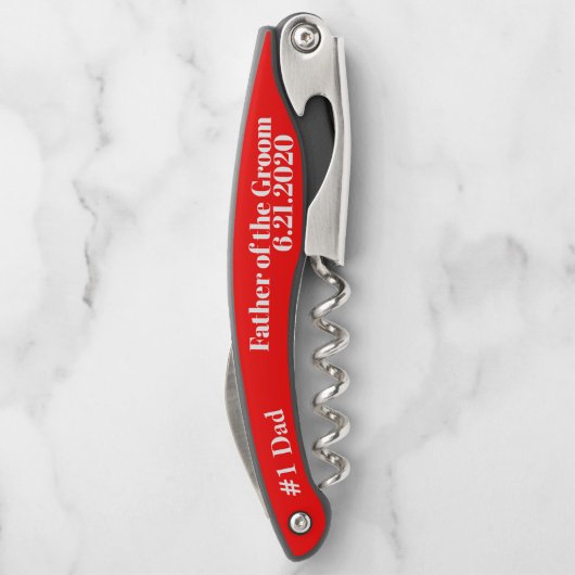 新郎の父の赤い結婚式の引き出物コルクねじ ソムリエナイフ (裏面)