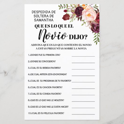 新郎は何と言ったかブライダルシャワーゲームのバイリンガル (裏面)