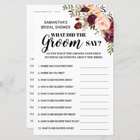 新郎は何と言ったかブライダルシャワーゲームのバイリンガル (正面/裏面)