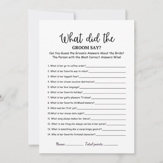 新郎は何と言ったかブライダルシャワーゲームカード (正面)