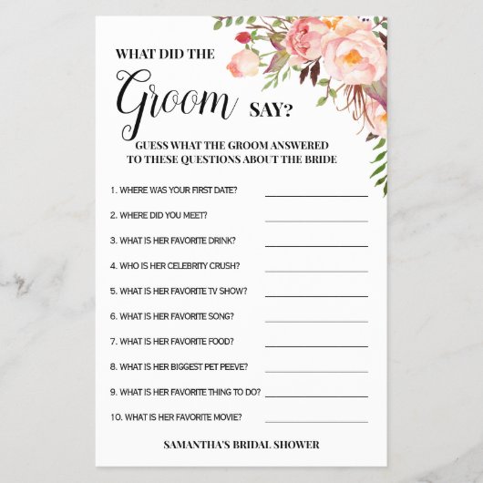 新郎は何と言ったブライダルシャワーピンクゲームカード チラシ (正面)