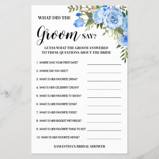 新郎は何と言ったブライダルシャワーブルーゲームカード チラシ (正面)