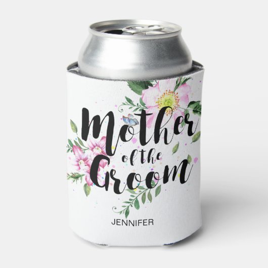 新郎ピンクのフローラ水色の結婚母 缶クーラー (缶正面)
