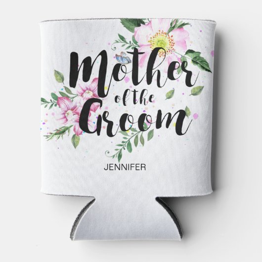 新郎ピンクのフローラ水色の結婚母 缶クーラー (正面)