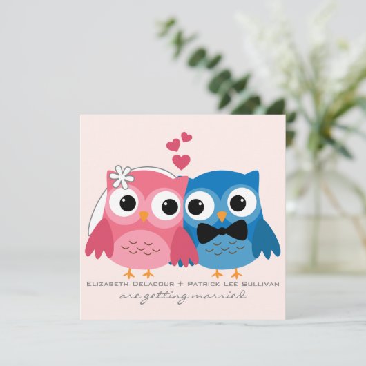 新郎フクロウと新婦フクロウかわいい結婚式招待状 招待状 (スタンド正面)