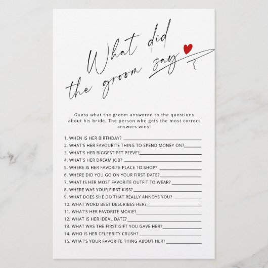 新郎モダンは何とブライダルシャワーゲームを言った (正面)