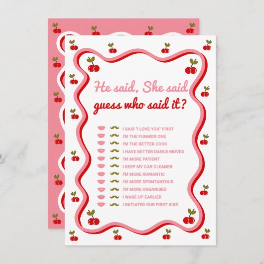 新郎対新婦レトロさくらんぼシャワーゲームカード 招待状 (正面/裏面)