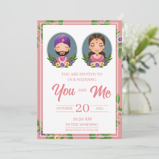 新郎新婦かわいいカップルのインディアンドレスの漫画 招待状 (スタンド正面)