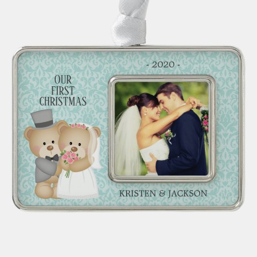 新郎新婦がフォト初めてのクリスマス シルバープレートフレームオーナメント (正面)