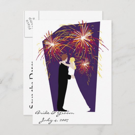 新郎新婦が日付を保存する7月4日の結婚式 案内ポストカード (正面/裏面)