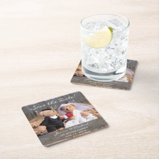 新郎新婦くまは日付を救います スクエアペーパーコースター (インサイチュ)