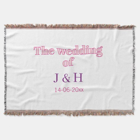 新郎新婦のイニシャルと挙式日付の入った結婚式 スローブランケット (正面)