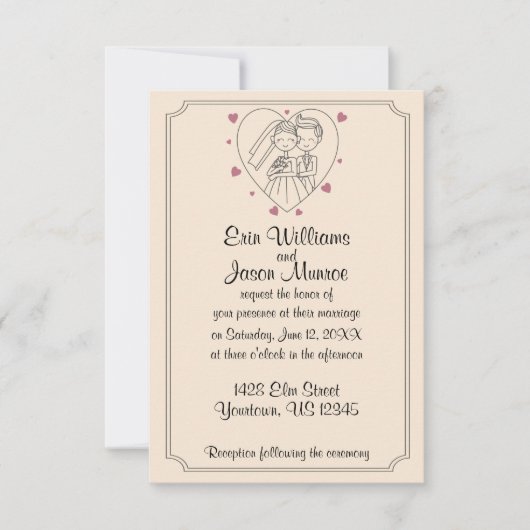 新郎新婦のハートのスケッチの結婚式招待状 招待状 (正面)