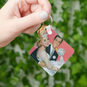 新郎新婦のヴィンテージ運ウェディング キーホルダー