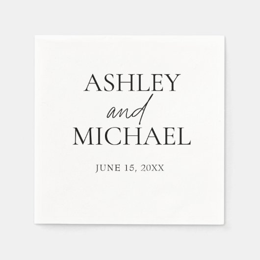 新郎新婦の名前ミニマル白黒スクリプト日 スタンダードカクテルナプキン (正面)