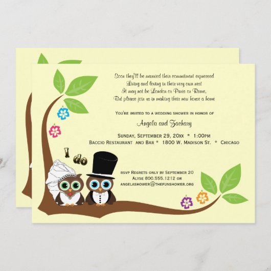 新郎新婦の木のフクロウのウェディングシャワーの招待 招待状 (正面/裏面)