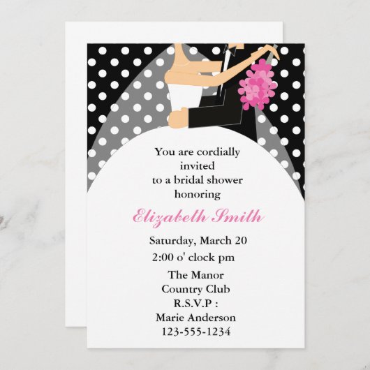 新郎新婦の水玉模様のブライダルシャワー 招待状 (正面/裏面)