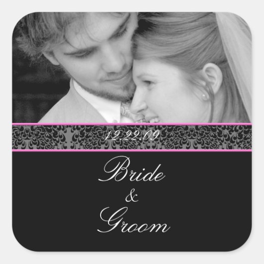 新郎新婦の結婚ピンクのトリムを写真で飾る スクエアシール (正面)