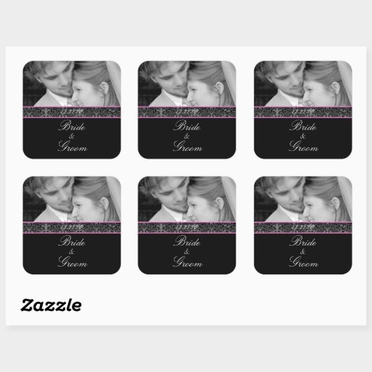 新郎新婦の結婚ピンクのトリムを写真で飾る スクエアシール (シート)