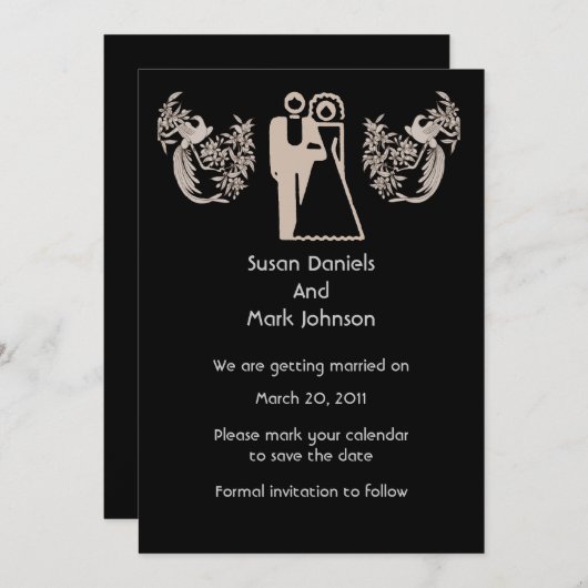 新郎新婦は黒い結婚式の日付を保存 招待状 (正面/裏面)