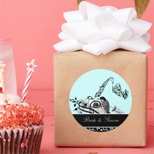 新郎新婦アクアブルーヴィンテージ鳥ステッカー ラウンドシール (パーティー)