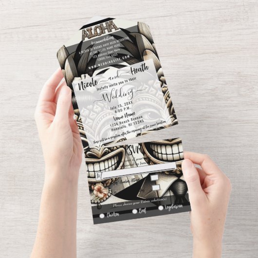 新郎新婦アロハパイナップルティキヘッド結婚ズ オールインワン招待状 (貼ってはがせる)