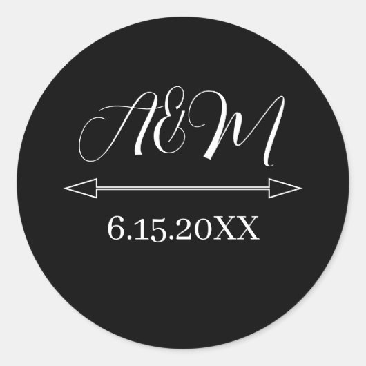 新郎新婦イニシャル結婚の日付 | ブラック ラウンドシール (正面)