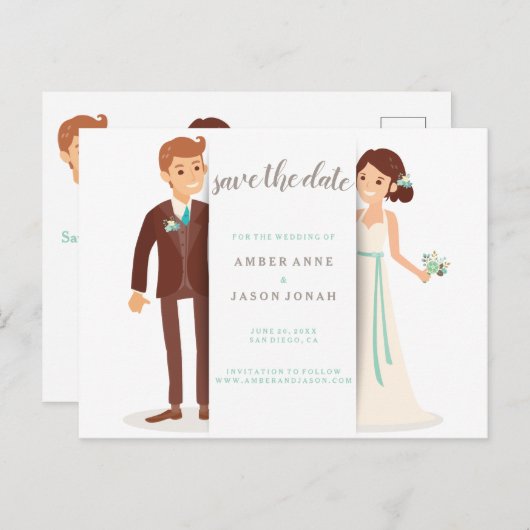 新郎新婦イラストレーション日付の保存 案内ポストカード (正面/裏面)