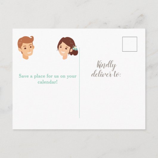 新郎新婦イラストレーション日付の保存 案内ポストカード (裏面)