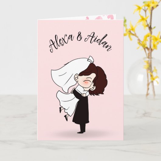 新郎新婦オン赤面ピンク カード (黄色い花)