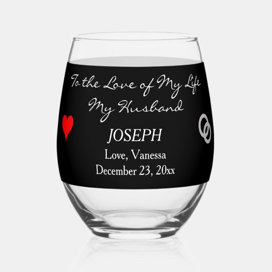 新郎新婦ギフトモノグラムブラック赤いハート ステムなしワイングラス (正面)