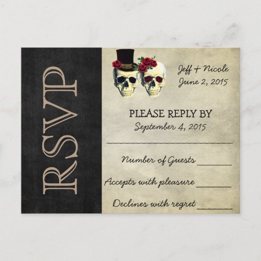 新郎新婦シュガースカルウェディングRSVP インビテーションポストカード (正面)